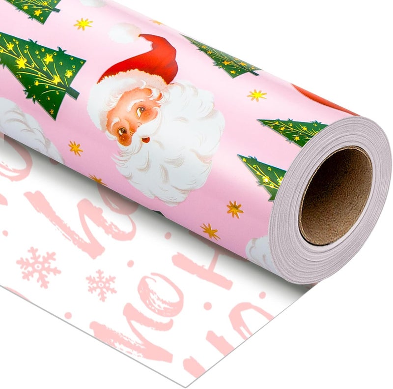 Yarcony Pink Christmas Wrapping Paper Roll, Girly Santa Wrapping Paper, Vintage Inspired Santa Claus, Christmas Tree Design Pink Gift Wrap for Winter Holiday, Girl Celebration (17 Inch X 33 Feet) - Image 1